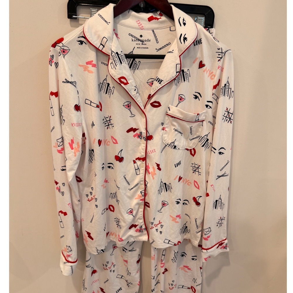 Kate Spade New York Pajama Set Small White NYC Novelty Print Long Sleeve PJ Set